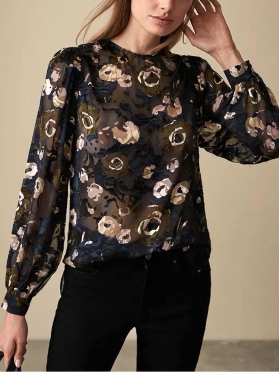 Reiss Tops - Reiss Floral Sheer Long-Sleeve Blouse in Black and Olive